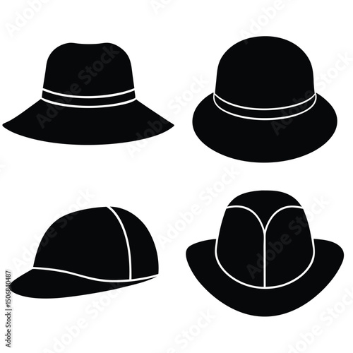 Silhouette Collection Assorted Hats Including Fedora, Cloche, Baseball Cap, and Sunhat