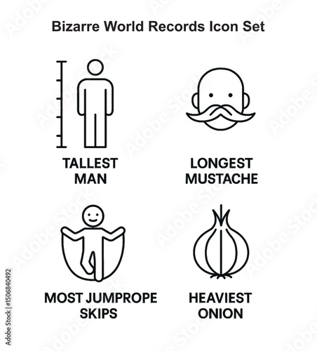 Bizarre World Records Icon Set – Tallest Man, Longest Mustache, Most Jump Rope Skips, Heaviest Onion