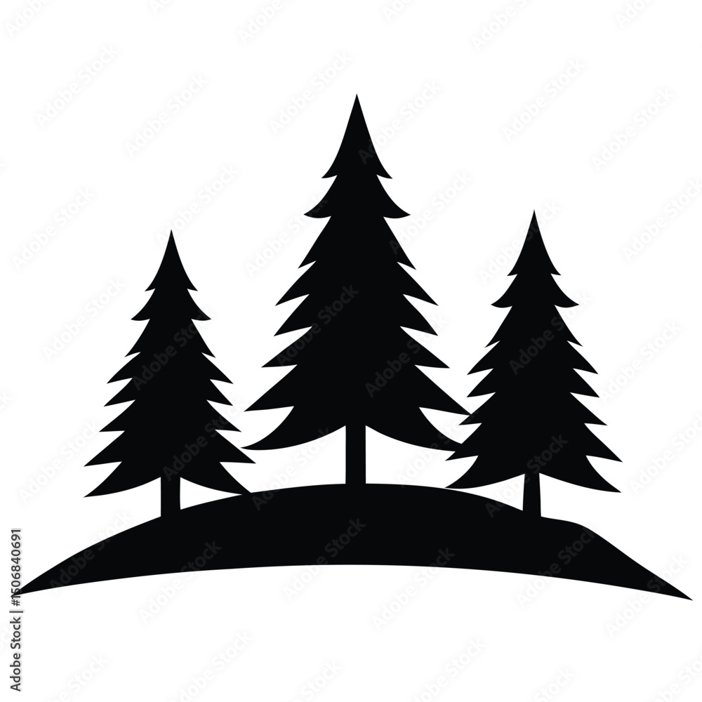 Obraz premium Silhouette Illustration Three Evergreen Trees on a Hill, NatureThemed Design Element