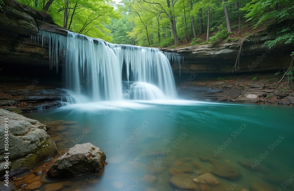 Fototapeta premium Scenic Cedar waterfall in Hocking Hills State Park Ohio. Stunning cascade flowing into turquoise pool. Rich green forest, rocky landscape. Travel, tourism, natural beauty, holidaymakers enjoying