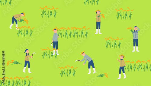 稲刈りをする農家のイラスト
