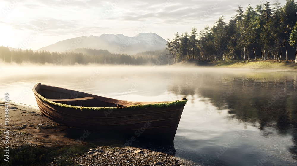 Obraz premium Serene lake scene with wooden rowboat in golden hour