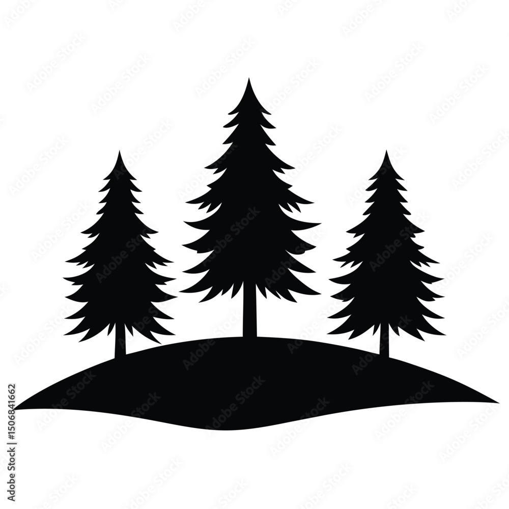 Fototapeta premium Silhouette of Three Evergreen Trees Standing on Small Hill Against White Background