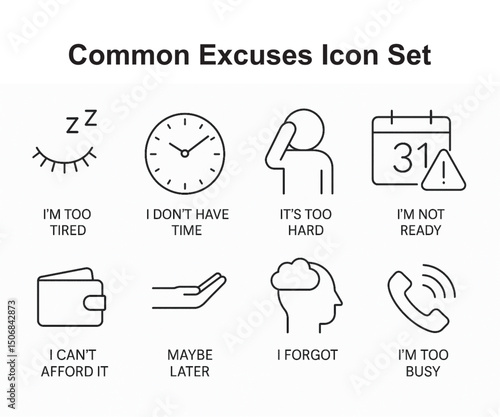 Common Excuses Icon Set – Funny Black and White Line Art