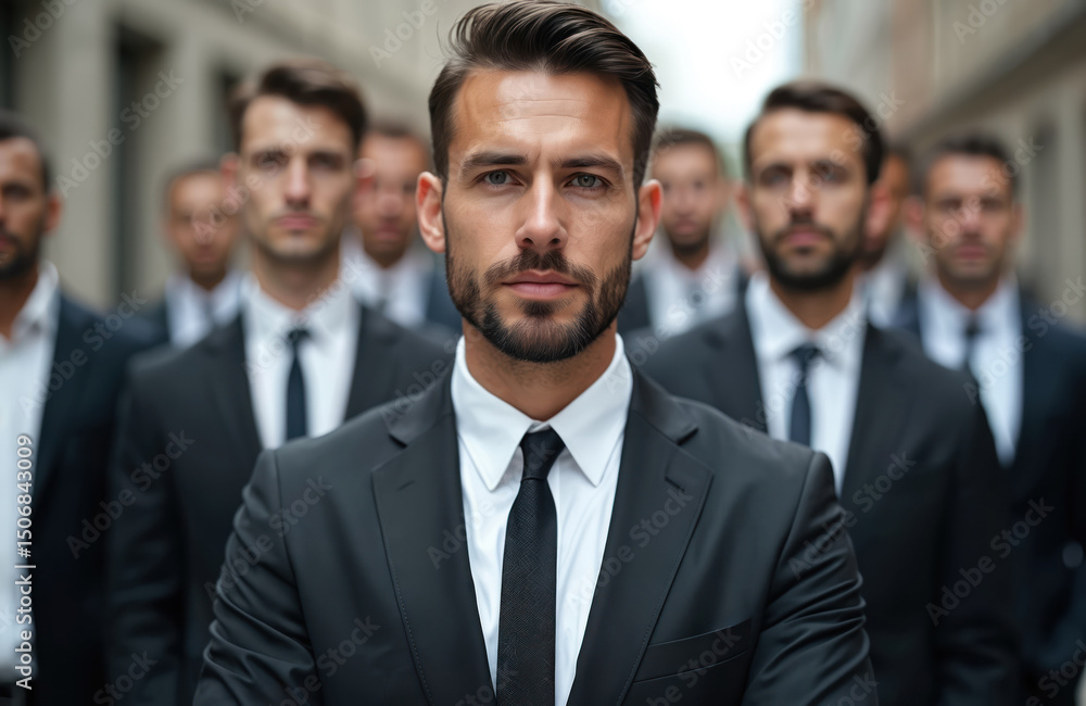 Confident man in suit and tie stands in front of group of other men. Team of business professionals. Businessmen. Teamwork. Leadership. Corporate success. Professional office environment. Confident man in suit and tie stands in front of group of other men. Team of business professionals. Businessmen. Teamwork. Leadership. Corporate success. Professional office environment.