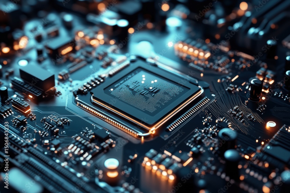 Closeup of a Modern Computer Motherboard with Central Processing Unit Illuminated Closeup of a Modern Computer Motherboard with Central Processing Unit Illuminated