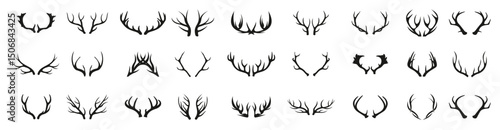 Deer horns icon set. Animal horn silhouette. Deer horn logo for wildlife, hunting. Horn shapes collection vector