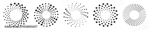 Radial swirl halftone element. Round dotted spiral vortex logo. Halftone concentric circles icons. Swirling dotted circle whirl elements vector