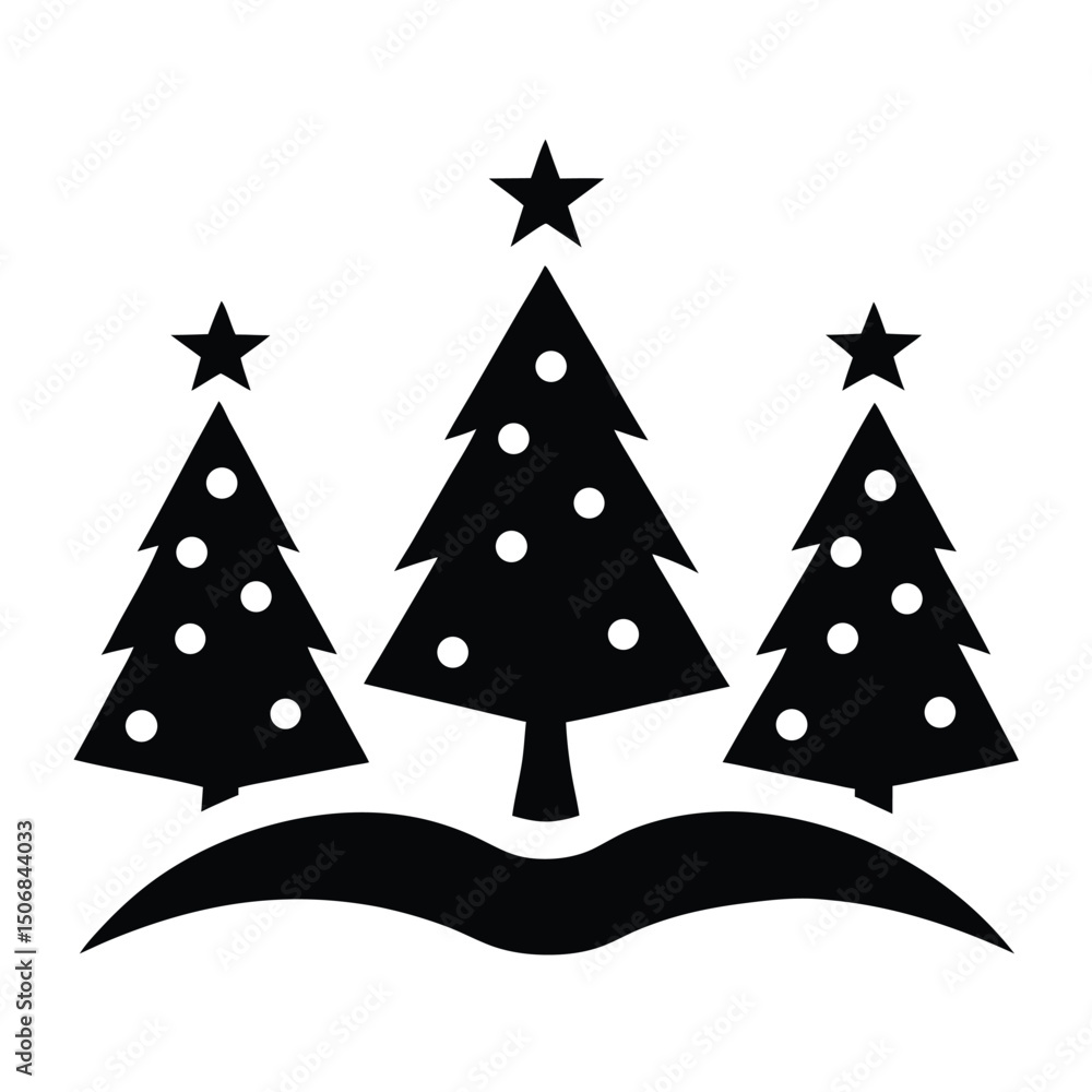 Obraz premium Three Decorated Christmas Trees Topped with Stars on Snowy Hills, Black Silhouette