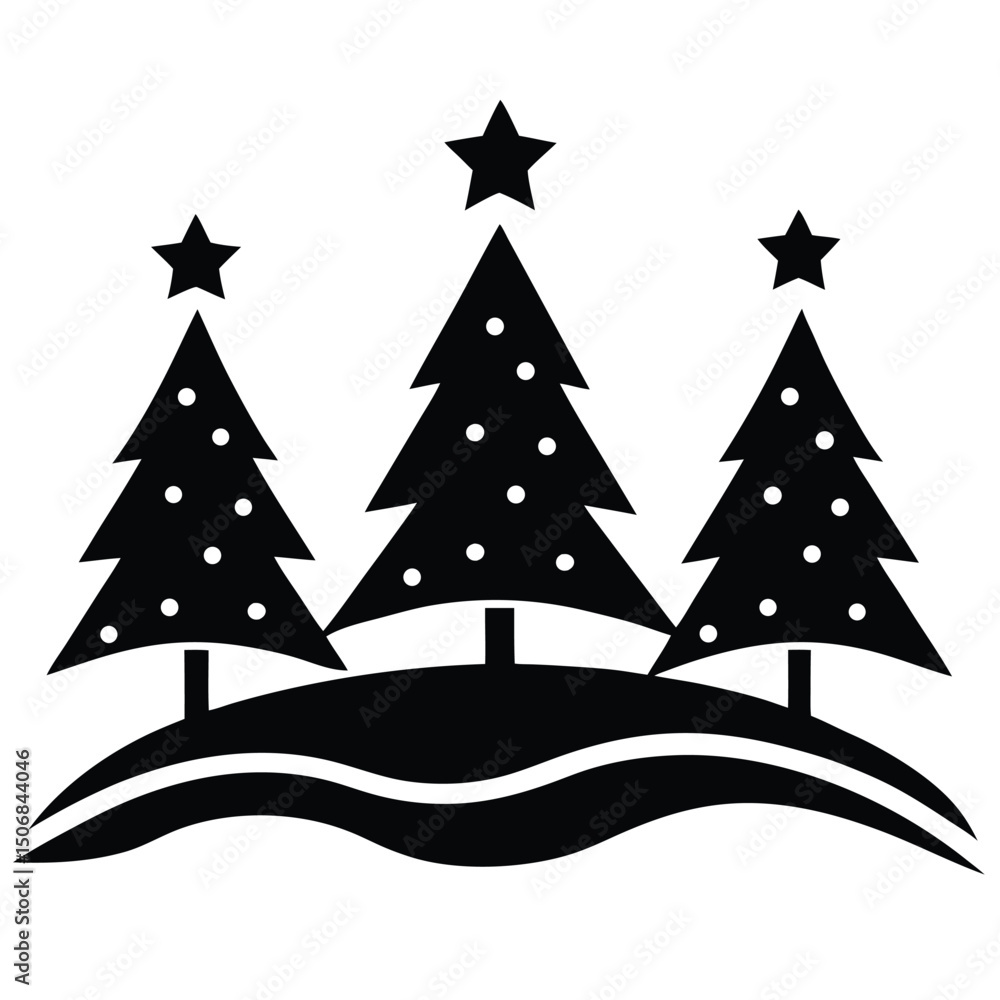 Fototapeta premium Three Christmas Trees with Stars on a Snowy Hill Black Silhouette