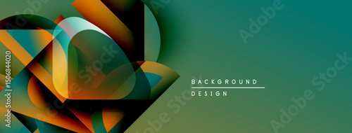 Abstract geometric shapes overlap, creating dynamic color gradients. Teal background complements warm orange, green hues. Modern design element.