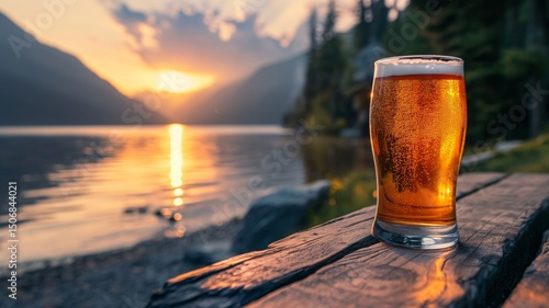 Enjoying a refreshing craft beer by the serene lakeside at sunset with scenic mountain views