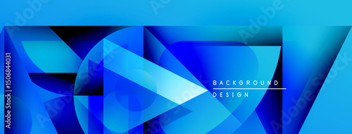 Abstract geometric shapes, vibrant blues dominate design. Modern aesthetic, dynamic composition, sleek presentation. Background features text elements.