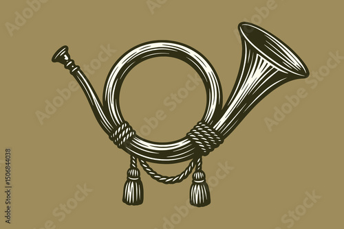 Hunting horn with tassels engraving style vector illustration

