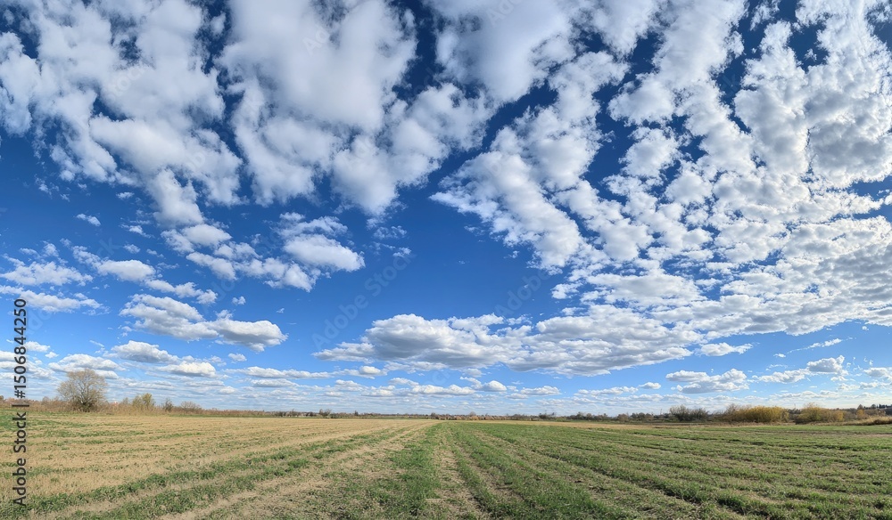 Obraz premium Panoramic field view, fluffy clouds, bright sky