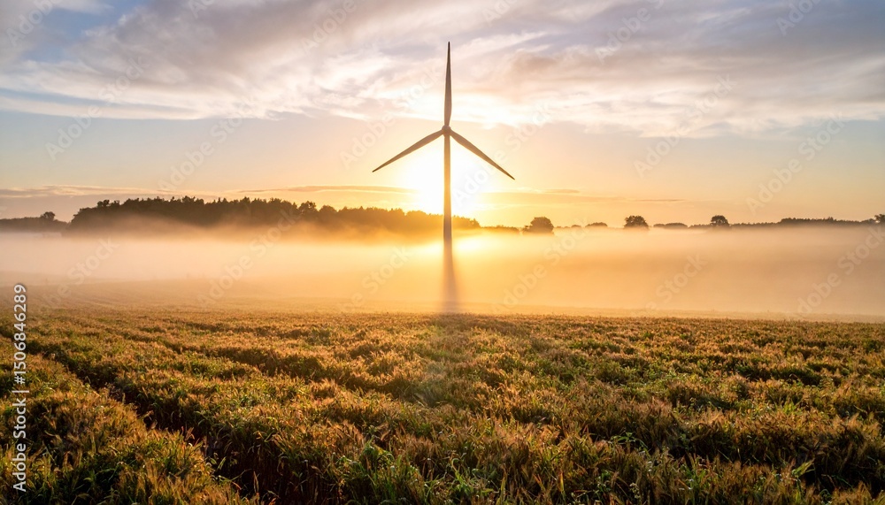 Obraz premium Wind turbine in a foggy field under soft sunrise light, minimalist background, peaceful atmosphere.