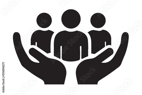 Human Support Care Vector Icon – Hands Protecting People Symbol for Safety, Security, Community Service, Charity, and Social Welfare Concepts