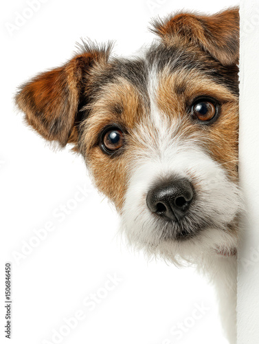 Scared terrier peeking from side, showcasing its expressive eyes and fluffy fur against plain transparency background. This adorable dog evokes sense of curiosity and playfulness
