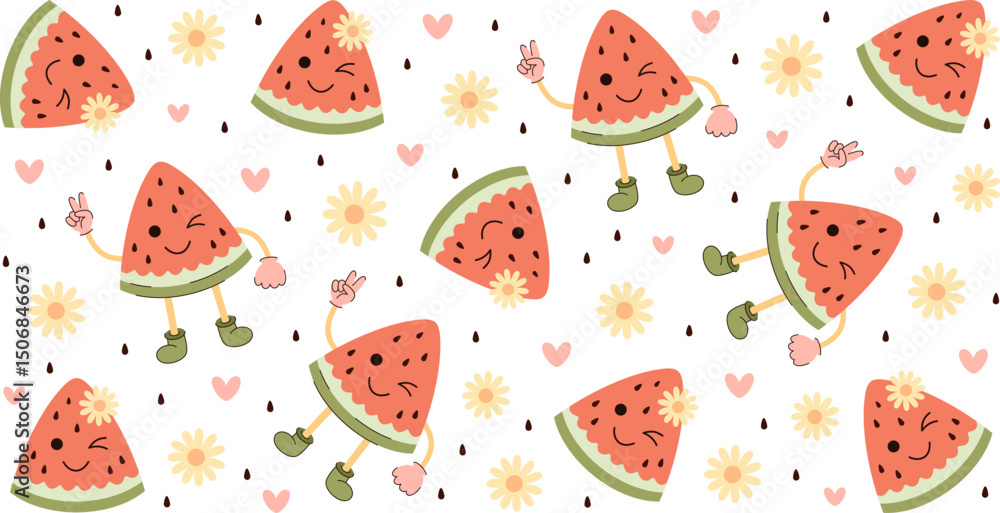 Fototapeta premium Groovy Watermelon 16oz libbey glass can wrap. Retro Watermelon cup wrap sublimation design. Summer Aesthetics 16oz full wrap, UV DTF design