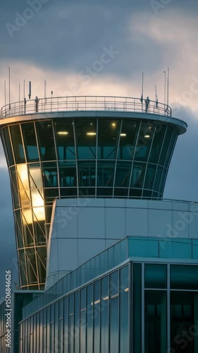Air traffic control tower with modern glass architecture bathed in golden light during twilight under a cloudy sky at dusk.