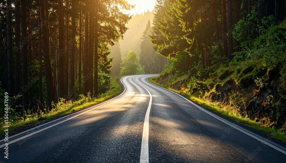 Fototapeta premium Beautiful hilly road with smooth asphalt surface, going up and down through a forested area