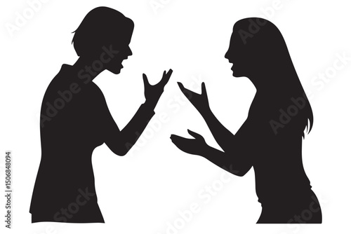 Angry Women Silhouette Vector – Two Females Arguing, Shouting, Conflict, Dispute, Relationship Problem Graphic Illustration in Black