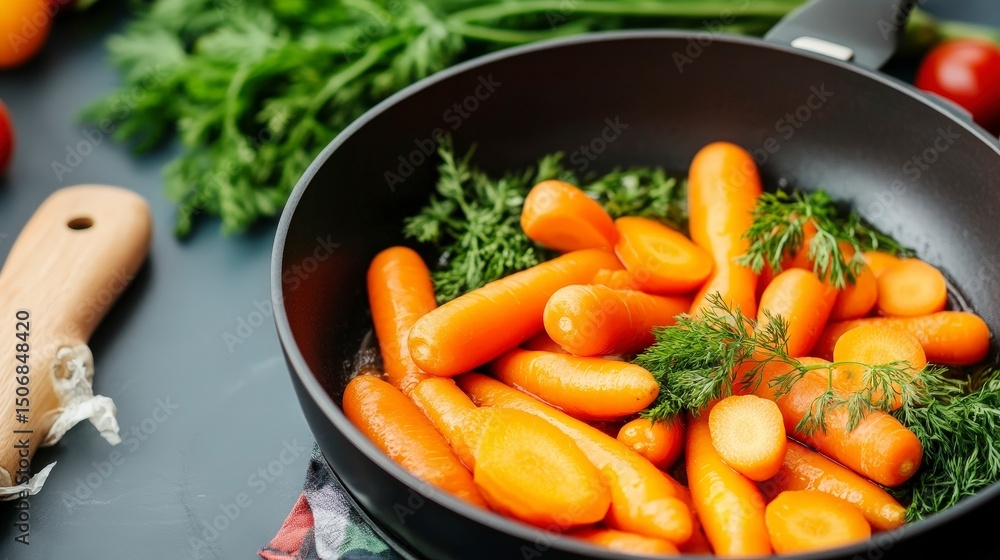 Close-up of Fresh Carrots Being Added to Hearty Vegetable Dish in Modern Kitchen Setting Close-up of Fresh Carrots Being Added to Hearty Vegetable Dish in Modern Kitchen Setting
