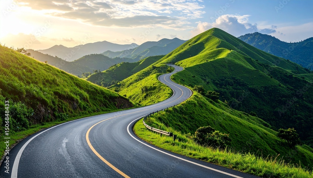 Naklejka premium Realistic landscape with a paved road rising and dipping through hills, lush greenery and open sky