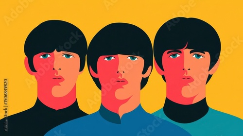 Iconic Poster Celebrating Beatlemania Era with Close-Up Art of Famous Music Legends in Vibrant Colors