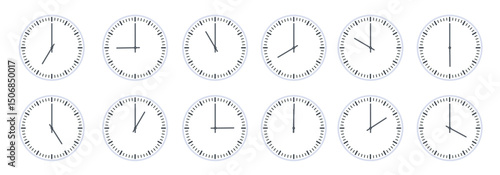 analog circle clock show time every hour icon flat watch face with 12 o clock timer animation wall