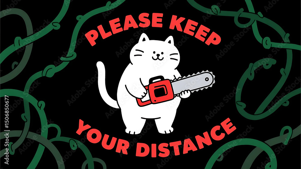 Fototapeta premium Cute white cat with a chainsaw stands among green vines, blending humor and menace in a bold, graphic style