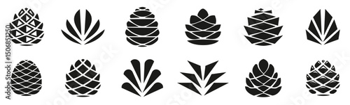 Pine cone icons on a white background. Set of simple black pine cone. Pine cone logotype vector illustration