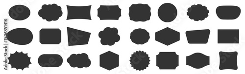 Abstract black geometric shape silhouette icon set. Outline blank frame templates, speech bubbles, badges, price tags, sticker, think cloud