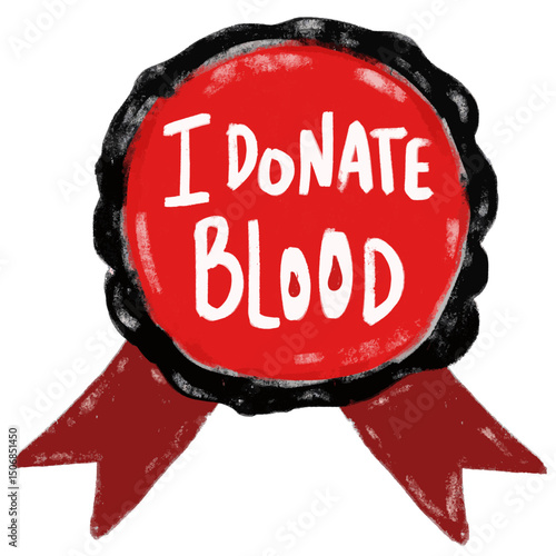 Cute red black colors I donate blood medal text badge ribbon trophy in crayon watercolor illustration clipart sticker happy international world blood donor donation bank volunteer day vector