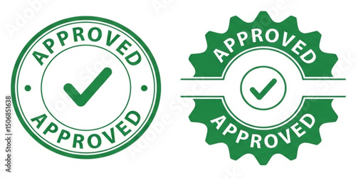Green Approved Stamp Icon Vector Set | Circle and Starburst Style Design for Verification, Quality Control, and Guarantee Badges