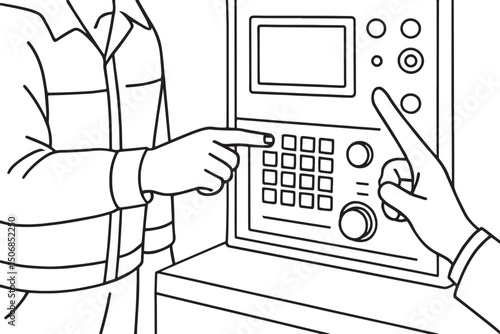 Two Wokers handed Operation of CNC Machine Control Panel