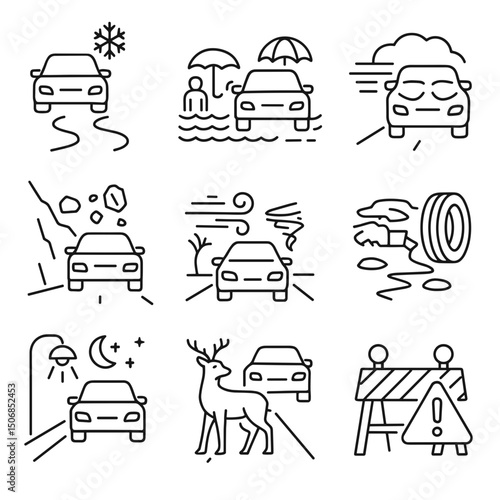 Line art illustrations of vehicles in various weather conditions and situations - Concept of vector icon set  
