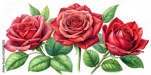 Watercolor Trio of Red Roses Botanical Illustration, Floral Art, Romantic Concept, Roses, Watercolor Painting Roses, Botanical Illustration