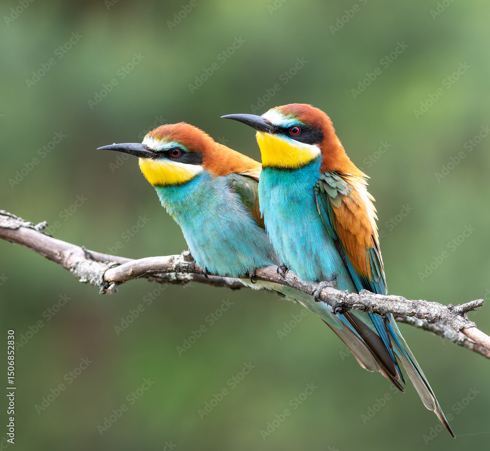 Fototapeta premium European bee-eater, merops apiaster. Male and female sitting on a branch on a blurred background
