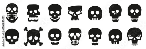 Skull icons in black. Set of skull signs. Death, caution, mortality, warning, poison symbols. Funny skull logo. Death skull or human skull icons vector illustration