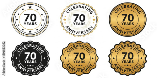 70th Anniversary Seal Collection | Set of Celebration Logos in Gold, Black and White for Company Milestone Branding and Event Invitations