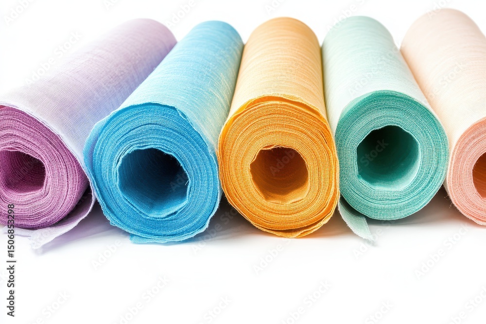 Pastel Textile Rolls Set Against a White Backdrop - Versatile Fabric for Drapery and Fashion Pastel Textile Rolls Set Against a White Backdrop - Versatile Fabric for Drapery and Fashion