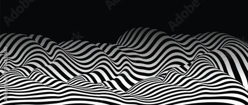 3D black and white lines in perspective abstract vector background, linear perspective terrain pattern op art.