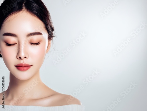 Woman with perfect skin and makeup with closed eyes on gray background