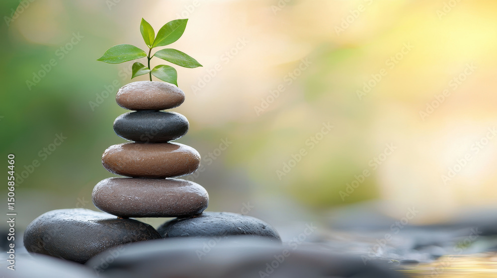 Obraz premium Serene stack of smooth stones with small green plant growing on top, symbolizing growth and balance in nature