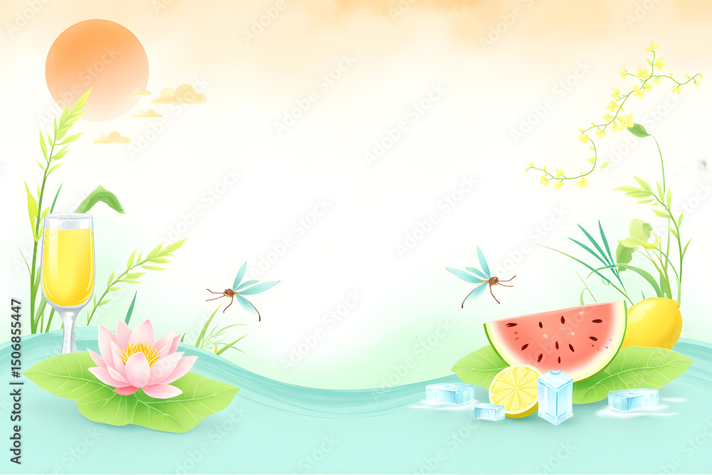 Fototapeta premium Illustration of a Summer Scene with Watermelon, Lemons, and Blooming Flowers