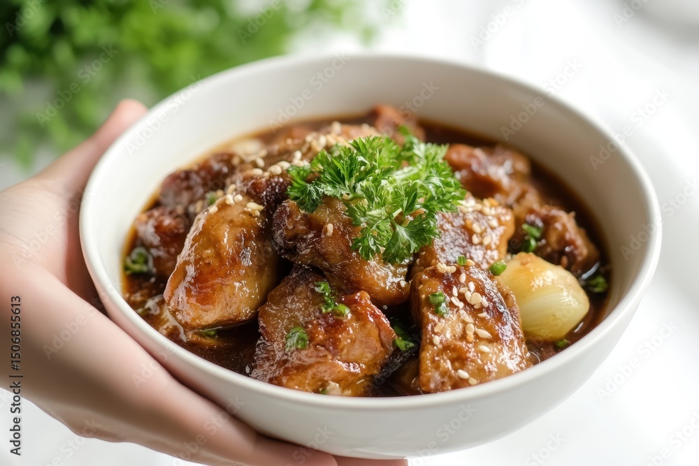 Hand Holding a Filipino adobo chicken with rice. Hand Holding a Filipino adobo chicken with rice.