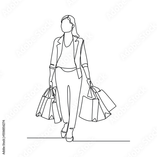 Continuous singe one line drawing art of happiness woman holding paper shopping bags. Vector illustration of shopper big sale consumerism sketch editable stroke