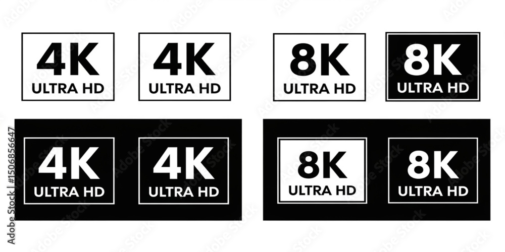 Obraz premium 4K and 8K Ultra HD Resolution Logos | Black and White Icon Set for Display Technology and High Definition Marketing Materials