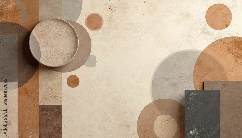 Modern abstract art design featuring geometric shapes in earthy tones. Beige brown grey circles squares on textured background. Minimalist style for interior design decoration backgrounds. Modern abstract art design featuring geometric shapes in earthy tones. Beige brown grey circles squares on textured background. Minimalist style for interior design decoration backgrounds.